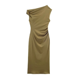 Slim fit asymmetric one-shoulder midi dress in olive green satin with elegant ruching