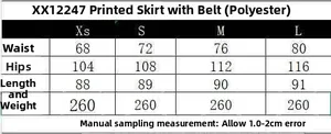 Size guide for vintage red-brown geometric print skirt with belt measurements in cm