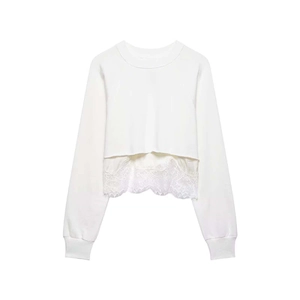 White long sleeve cropped sweatshirt with elegant floral lace hem in a layered style