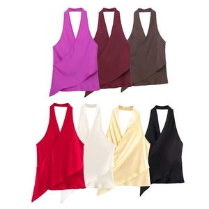 Women Halter Neck Satin Top Wrap V Neck Asymmetric Hem Sleeveless Tank Top Elegant Sexy Summer Party Clubwear Blouse