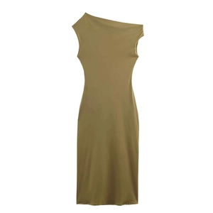 Detail view of olive green slim fit dress featuring an asymmetrical one shoulder neckline