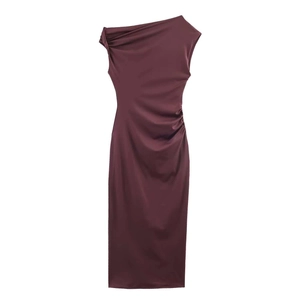 Slim fit dark magenta one-shoulder satin midi dress with side ruching and elegant gathers