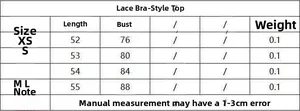 Detailed size guide for the lace camisole top showing XS to L measurements and weight