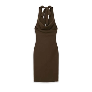 Dunkelbraunes Neckholder-Kleid mit elegantem Rückenausschnitt und Wasserfallausschnitt