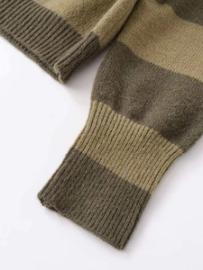 Detail of multi-color striped knit sweater showing olive green texture and ribbed cuffs