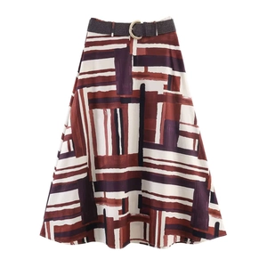Vintage Geometric Print Midi Skirt For Women With Braided Belt Red Brown Abstract Pattern High Waist A-Line Skirt