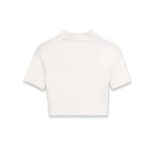 White ribbed knit cropped short sleeve sweater with a mock neck and fitted waist silhouette