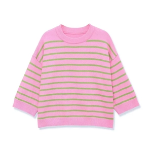 Pull en Tricot Rayé Décontracté pour Femmes Rose Vert Col Rond Épaule Tombante Manches Trois Quarts Haut