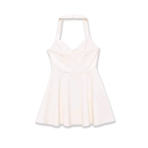 Elegant off-shoulder cream white halter mini dress with a sweetheart neckline and A-line skirt