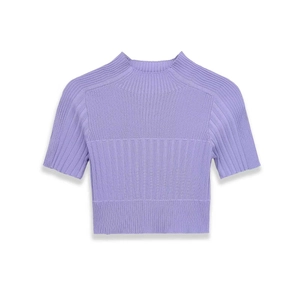 Short sleeve mock neck lavender knit crop top with textured ribbing details on white background