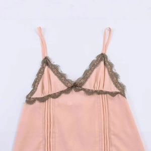 Pink V-neck camisole with deep brown eyelash lace trim and pleated texture details