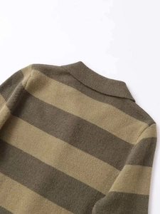 Detail of the knit polo shirt collar and back shoulder in olive green and brown stripes