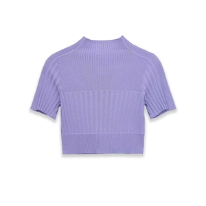 Close-up of lavender ribbed knit short sleeve top with high neck and soft texture