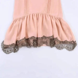 Pink lace trim dress featuring pleated chiffon fabric and vintage spaghetti strap design