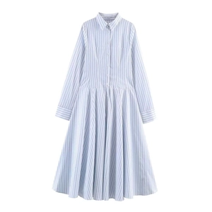 Robe Midi Chemise en Popeline à Rayures à Manches Longues Pour Femmes Avec Boutons Col à Revers Élégante Décontractée Taille Haute