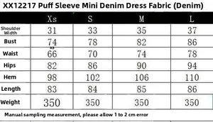 Detailed size chart for puff sleeve mini denim dress with measurements for XS to L
