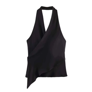 Elegant black satin halter wrap top with a silky texture and crossover V-neckline design