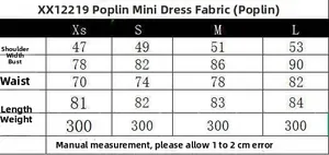 Detailed size guide table for the poplin mini dress showing measurements from XS to L