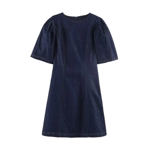 Women Puff Sleeve Denim Mini Dress Retro Round Neck Solid Color Short Sleeve Tight Waist Denim Dress With Invisible Zipper