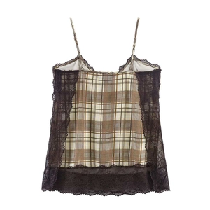 Top canotta vintage a quadri da donna con pizzo nero e spalline sottili eleganti