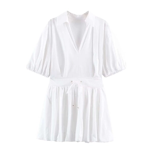 Women's Summer White V-Neck Puff Sleeve Shirt Dress High Waist Mini Poplin Casual Elegant Party Short Sleeve Dress