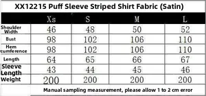 Detailed size chart for puff sleeve striped satin shirt with measurements in cm