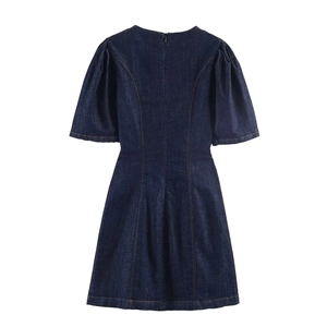 Minimalist dark blue denim mini dress with vintage puff sleeves and a slim A-line silhouette