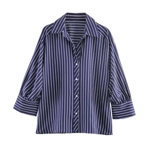 Women Fashion Striped Puff Sleeve Satin Blouse Lapel Single Breasted Button Down Shirt Casual Office Commuter Top