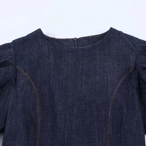 Slim fit denim mini dress with puff sleeves and contrasting orange stitching detail