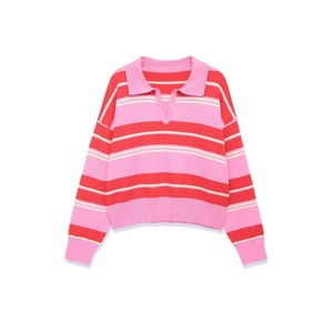 Women's V-neck striped knit polo sweater with pink, red and yellow loose fit stripes