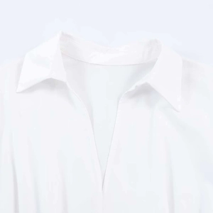 Elegant white V-neck shirt dress with puffy sleeves and cinched waist for women