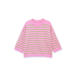 Pull en tricot à rayures roses et vertes avec col rond et poignets côtelés