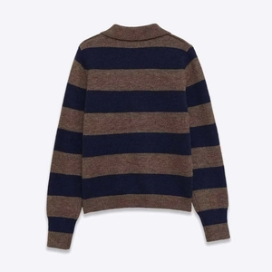 Back view of a striped knit sweater with polo collar and ribbed cuffs in brown and navy