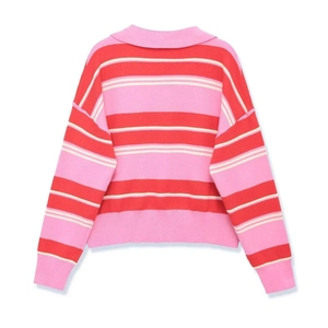 Oversized V-neck knit sweater with bold pink and red horizontal stripes for women