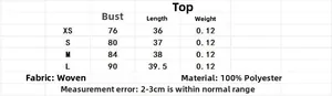Polka dot camisole size chart including chest and length metrics in XS to L range