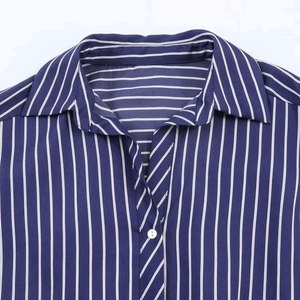 Classic navy and white striped button-down shirt with puff sleeves and pointed collar