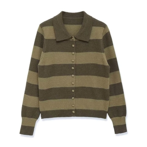 Vintage olive and beige striped polo neck knit cardigan with button-front closure