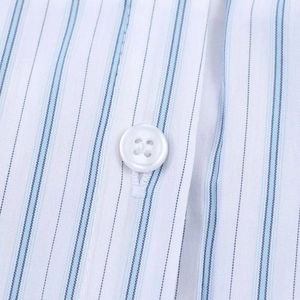 Détail du tissu à rayures bleu et blanc avec bouton en résine sur robe chemise midi