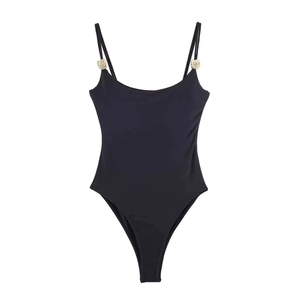 Costume da bagno intero nero minimalista con spalline sottili e dettagli in oro