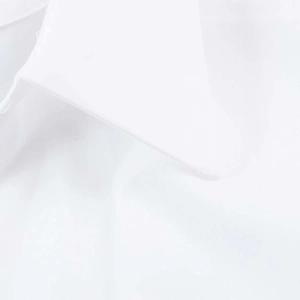 Close-up of white woven cotton fabric detail on the V-neck shirt dress collar