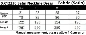 Size chart for the satin halter backless dress detailing bust and length measurements