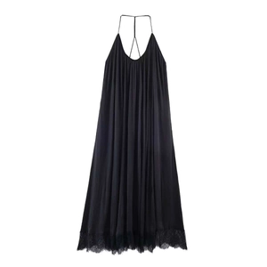 Women Sexy Backless Halter Satin Dress Elegant Sleeveless Pleated Maxi Dress With Eyelash Lace Trim Hem Party Evening Robe