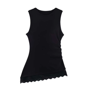 Débardeur noir en maille pour femme avec fronces latérales et bordure en dentelle