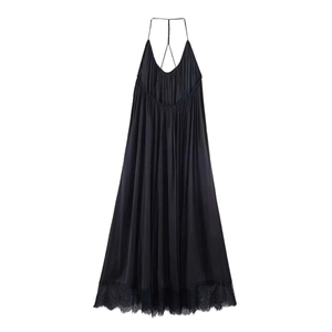 Elegant black satin maxi dress with thin straps, deep V-neck and delicate lace hem detail
