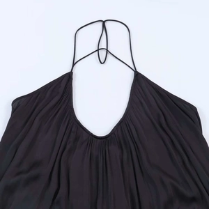 Elegant black halter satin dress with pleated details and backless design for summer