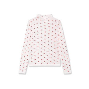 Women's white mesh long sleeve top with red heart print and elegant mock neck design