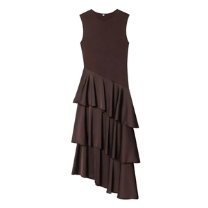 Women's Elegant Sleeveless Patchwork Asymmetric Ruffled Satin Dress Round Neck Maxi Summer Chic Commuter Long Dress