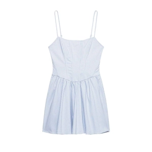 Robe à Bretelles Gingham Bleu Blanc Été Femmes Sans Manches Col Carré Taille Froncée Ligne A Robe Midi Décontractée