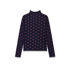 Navy blue high-neck long sleeve top with red heart pattern print on a white background