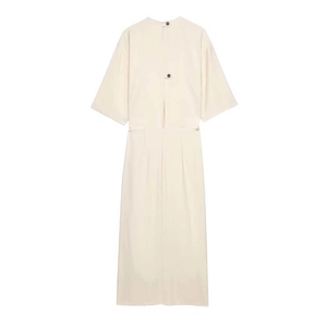 Minimalist apricot midi dress with back twist detail and flutter sleeves for summer fashion